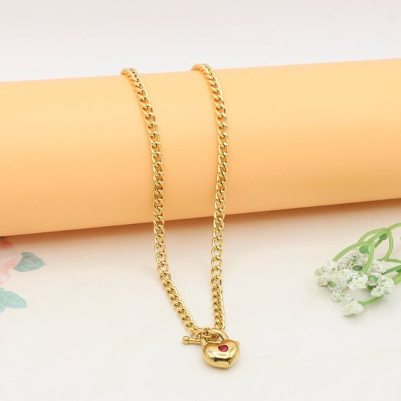 Gold Plated Heart Pendant Necklace With Red Stone Charm, XPNL0380 - Picture 8 of 12